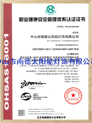 職業(yè)健康安全管理體系認(rèn)證證書(shū)